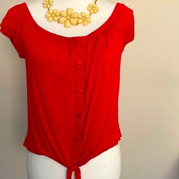 Sky and Sparrow Button Down Crop Top with Waist Tie in Red M On Off Shoulder - Picture 1 of 12
